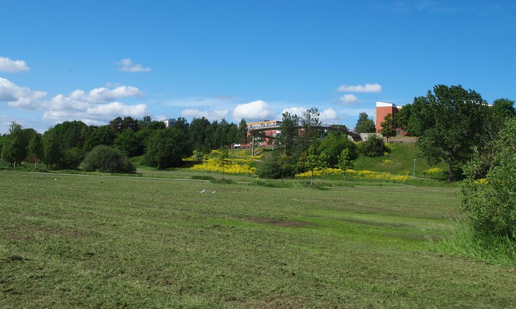(Se även pågående och planerande projekt s. 14) Bebyggelsen gränsar till öppna dalstråk i öster och söder. Bågformade gångbroar över Hagstråket, ett exempel på områdets långt drivna trafikseparering.