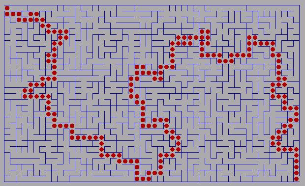 2 (8) Inledning Uppgiften går ut på att konstruera och genomsöka tvådimensionella labyrinter som exemplet i bilden nedan visar.