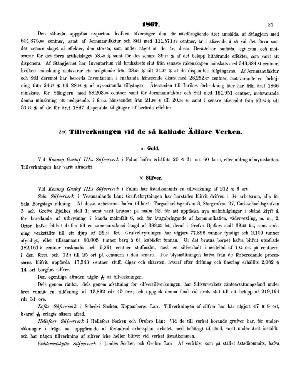 1867. 21 Den sålunda uppgifna exporten, hvilken öfverstiger den för nästföregående året anmälda, af Stångjern med 601,375.89 centner, samt af Jernmanufaktur och Stål med 111,571.