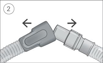 Återbearbetning av luftslangen Frånkoppling 1. Håll i luftslangens ände och dra försiktigt bort den från apparaten. 2. Håll i både luftslangens ände och maskens swivel och dra isär dem försiktigt.