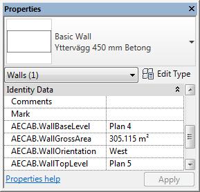 Samtliga parametrar placeras på väggens så kallade instansnivå. Det går även att slå på automatuppdatering av parametrarna för vägginformation (AECAB.WallGrossArea, AECAB.WallBaseLevel, AECAB.