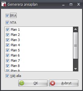 Skapa BRA/NTA-areor Välj funktionen Skapa BRA/NTA-areor för att skapa areaplaner och areor enligt BRA och NTA, se kapitel 2.4.1.