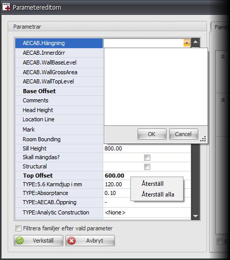4.2 Redigera parametrar (Parametereditorn) Redigera textparametrar för valda objekt i en Multiline Textbox, på typ- eller instansnivå. Redigerade egenskaper visa med fet textstil.