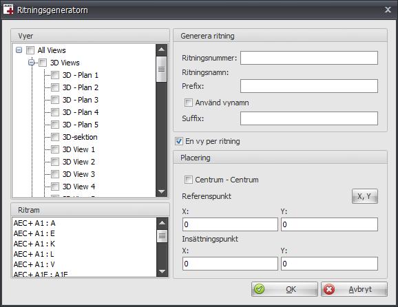 5.4 Generera ritningar (Ritningsgeneratorn) Funktionen genererar ritningsdefinitioner av planer och elevationer med hjälp av Ritningsgeneratorn.