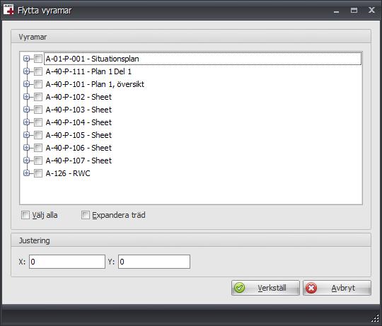 5.5 Flytta vyramar Funktionen flyttar insatta vyramar med att angivet avstånd. Funktionen är speciellt användbar i sena skeden där ritningsbunda texter förhindrar att man genererar ritningar på nytt.