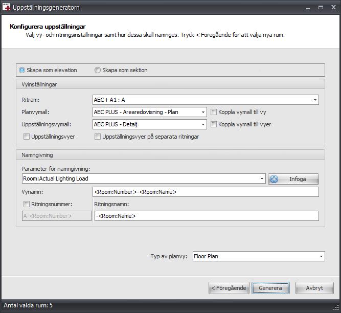 För att namnge de generade uppställningarna, välj parametrar och infoga dem i vy- och ritningsnamnen.