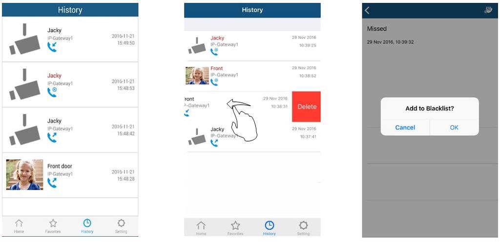 Drift 9.5.3 Historiksida 1. Visa historiken: Klicka på bilden för att visa detaljerna. Inkommande samtal Utgående samtal Missat samtal 2.