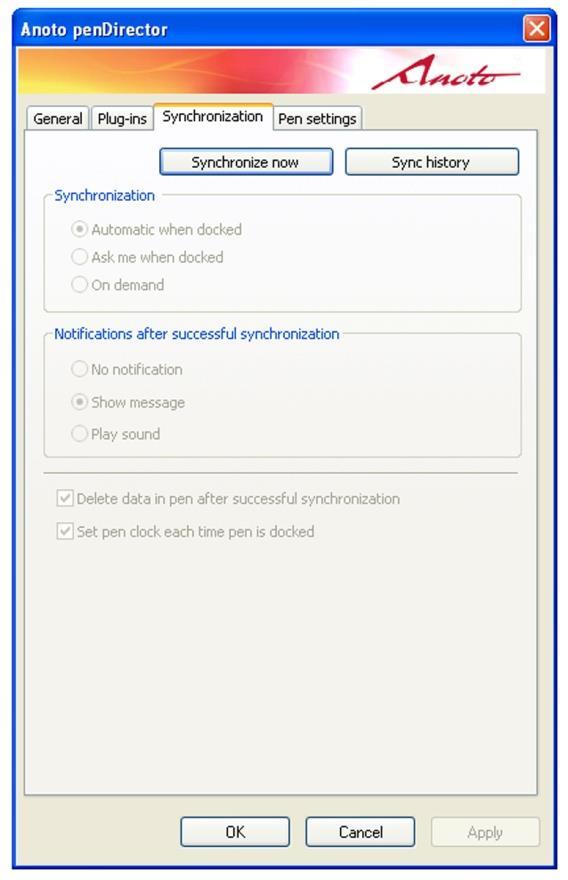 Set pen clock each time pen is docked Synchronization-fliken i Anoto