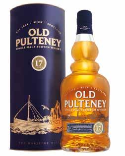 OLD PULTENEY 17 YEARS 70 cl 46 Vol% En blandning av malt, lagrad 17 år på ex-bourbon- och ex-olorosso sherryfat. Whiskyn är inte kylfiltrerad. Den har en sötare smak, likt smörkola.