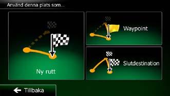 3.4 Ändra på rutten När navigeringen redan är igång finns det flera sätt att ändra på den aktiva rutten. Följande avsnitt visar några av dessa alternativ. 3.4.1 Välja en ny destination när det redan