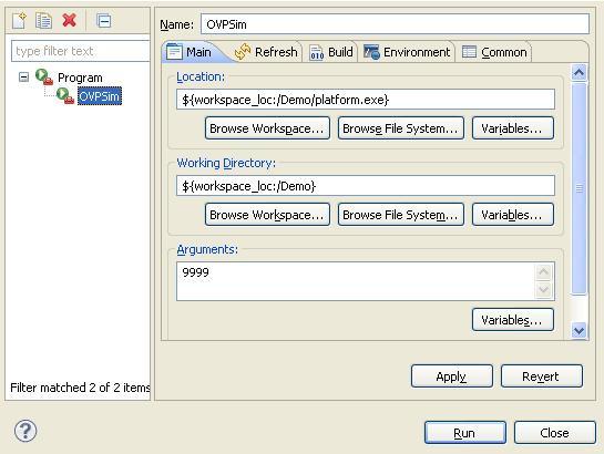 För att länka ihop platform.exe till debuggern så använder man External Tools Configuration där vi sätter location till platform.