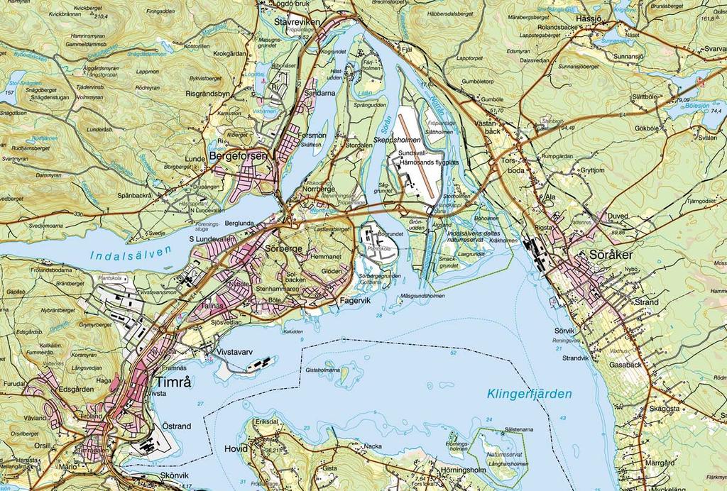 2. Nuvarande förhållanden Geografiskt läge Planområdet är beläget i östra kanten av Indalsälvens delta mellan älven och väg 684 och sträcker sig från cirka 1,5 km norr om E4 till Söråkers