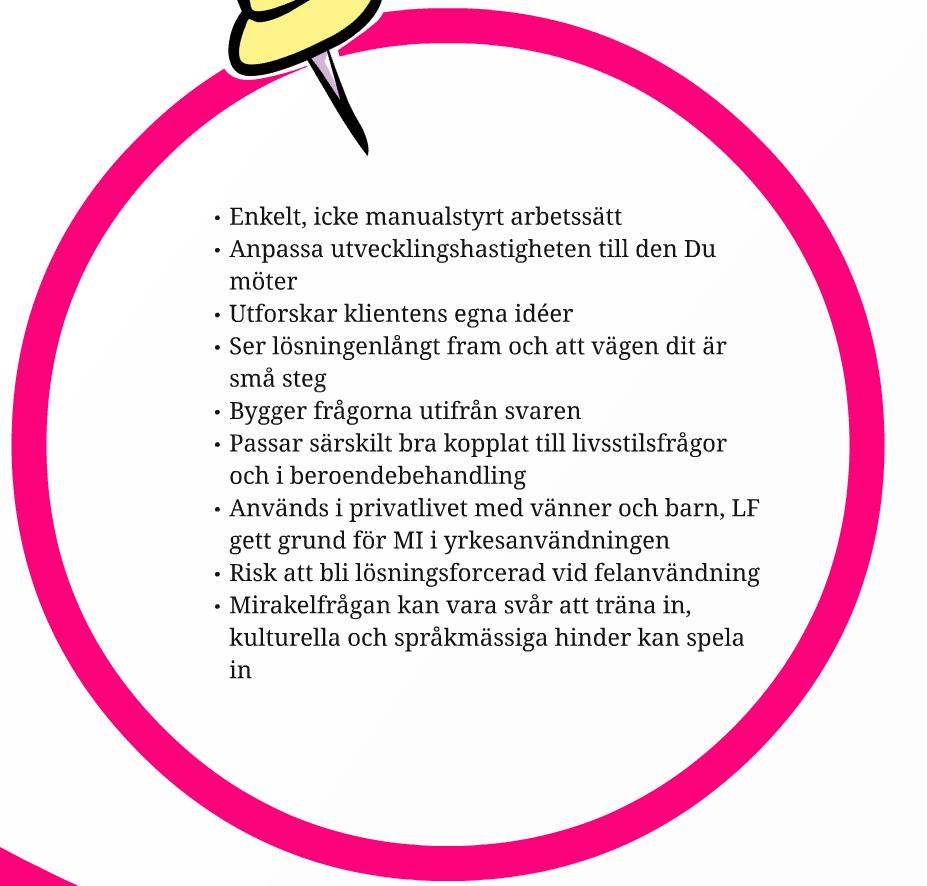 Enkelt, icke manualstyrt arbetssätt Anpassar hastigheten Utforskar klientens idéer Ser lösningen långt fram, vägen dit är små steg Bygger frågorna utifrån svaren Passar till