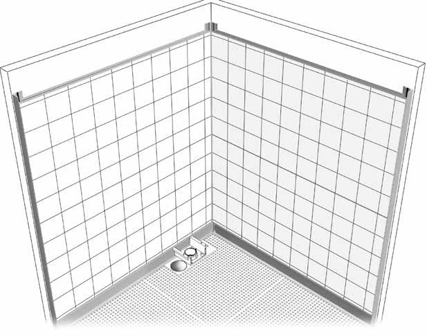 HÖRNPROFILER monteras i badrummets alla hörn och fästs i golvprofilerna. Hörnprofilerna är konstruerade så att väggelementen enkelt kan popnitas fast i förstansade hål.