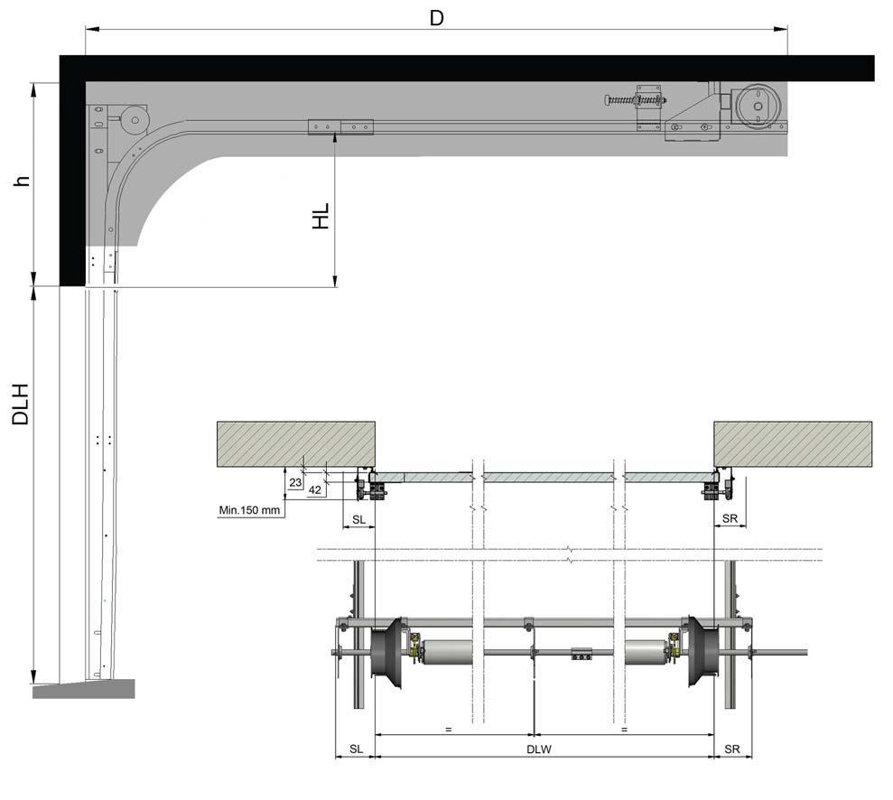 5.2.4 Erfoderligt utrymme HHL h SL/SR D HL+350 mm 132 mm manuellt, 228 mm D / T-spel, 278 mm U-spel, 304 mm Motor, 344 mm Motor+Spel (med yttre stödlager + 45 mm) DLH - HL + 1100 mm För detaljer se