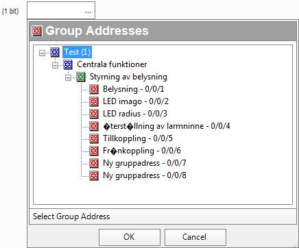 Group Adresses for Status: Statusindikering för utgången.