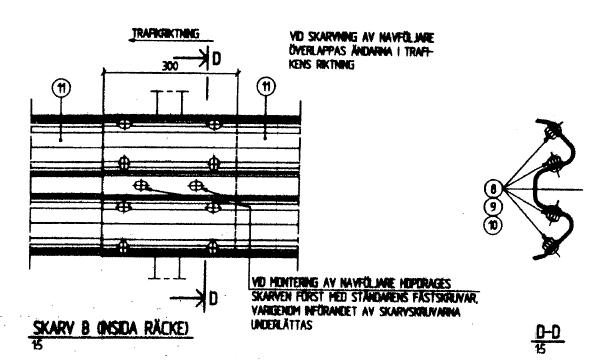 Arbetsbeskrivning / Installation instruction Sida / Page 9 Navföljarskarv Safety rail joint Knasterskruv / Cup Head Nib Bolt M16 x 25 W-Profil / A-Profile W-Profil / A-Profile Flänsmutter / Flange