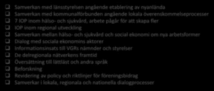 Aktuellt Samverkan med länsstyrelsen angående etablering av nyanlända Samverkan med kommunalförbunden angående lokala överenskommelseprocesser 7 IOP inom hälso- och sjukvård, arbete pågår för att