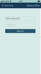 Enter your WiFi password and click Search to find the Inverter Pro heat pump. Note, the first field should show your home WiFi. Indtast din WIFI adgangskode og klik på Search for at finde varmepumpen.