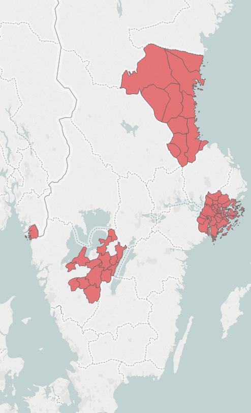 C. Svarsfrekvens URVAL OCH SVARSFREKVENS Urvalet i undersökningen redovisas på kartan nedan. De rödmarkerade områdena visar de regioner som ingått i undersökningen: Stockholm, BÄSK och Aros-Gävle.