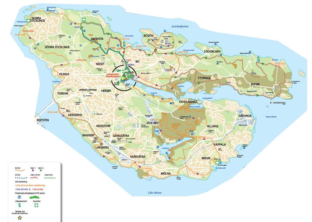 Mellantider Det är 7 mellantider i loppet. 1,5 km*, 4,7 km*, 10 km, 20 km, 30 km, 40 km*, 57 km* *passeras 2 gånger. Baninformation Banan består av grus, asfalt, och stigar.