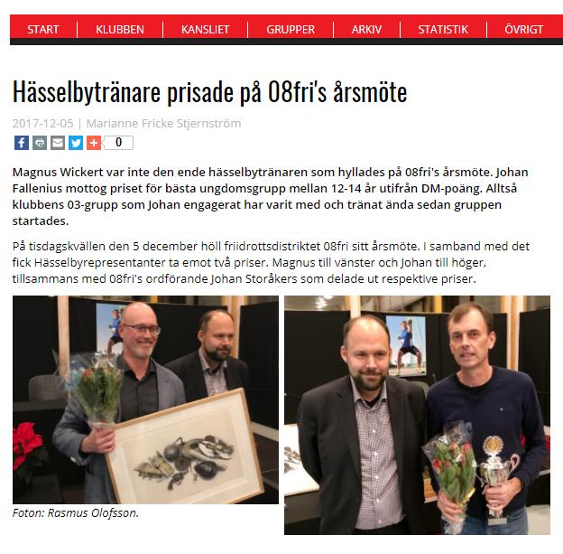 Fight @e rn Nummer 4 l 2017 årgång 47 God jul & Gott nytt år alla medlemmar önskar Hässelby friidrott Årsmöte i Stockholms distriktet Våra pristagare Magnus Wickert och Johan Fallenius mottar priser