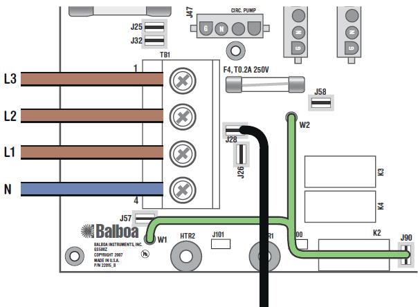 3-fas tjänst 5 kablar (3 faser + 1 neutral + 1 skyddsjord) Skyddsjordledning (grön / gul) måste anslutas till systemjords terminal som är märkt enl ovan.