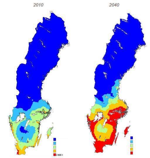 Odlingsområden för majs 2010 2040 Rött= områden möjliga