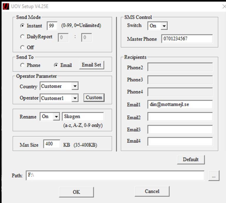 Inställningar i datorn UOV Setup (har olika utseende, men i stort sett samma innehåll) Send mode: Se avsnitt sid 6 Send to: Här väljer man om kameran ska skicka till