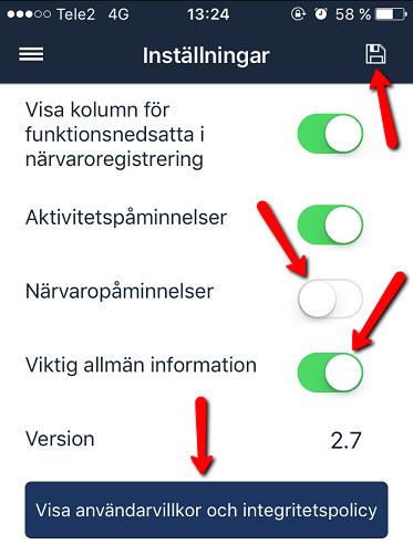 För att spara ändringar av inställningar, klicka på sparaknappen uppe till höger på skärmen. 5.