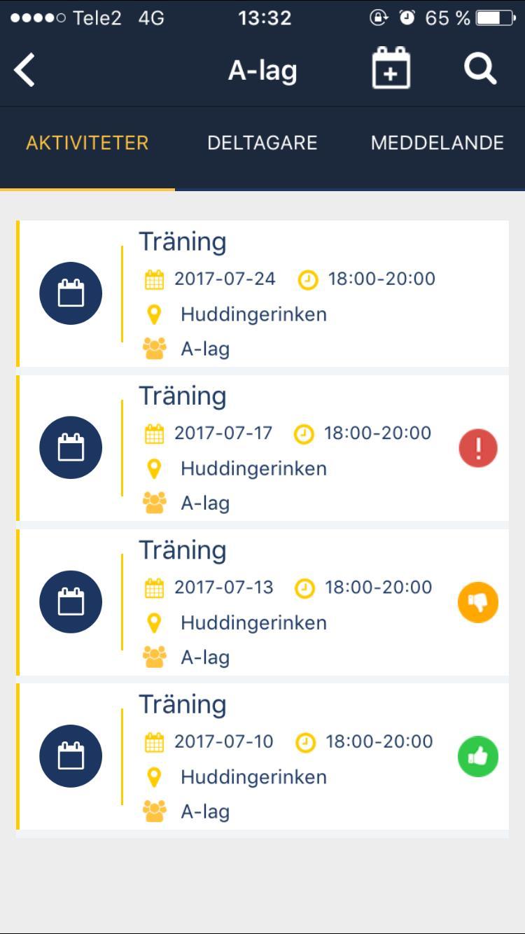 Aktiviteter 1. Under fliken Aktiviteter ser man aktiviteter som är kopplade till gruppen. Ett utropstecken bredvid aktiviteten betyder att aktiviteten ännu inte har närvaroregistrerats.