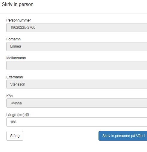 Inskrivning registrera ny person Skriv in personnummer och klicka på Sök och skriv in. Reservnummer eller samordningsnummer används enbart då personen saknar personnummer.