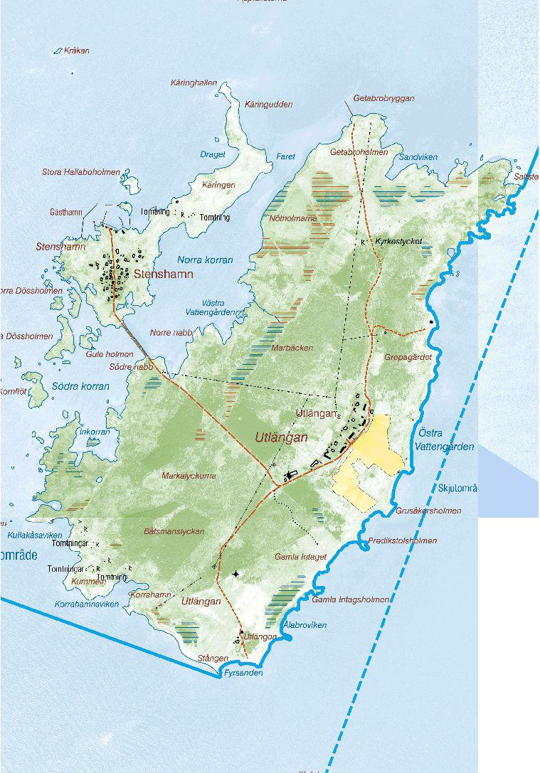 Strandängar i norr Fina och välbetade ängar ut mot havet, med tillhörande stenmurar inåt land.
