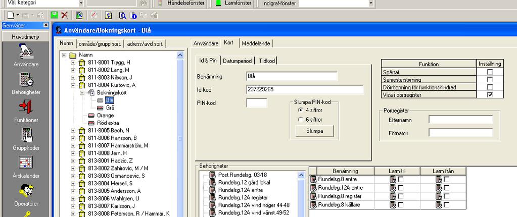 Skapa kort för bokning och passage Kortgrupp måste vara skapat innan (med boknings funktion bokningsfunktion) 1 Öppna användarregistret välj Huvudmeny/ Användare 2 Höger klicka på kortgruppen för en