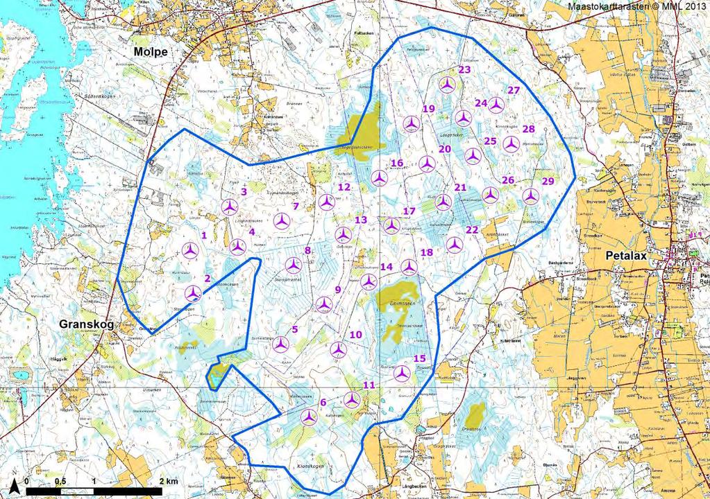 FCG DESIGN OCH PLANERING AB MILJÖKONSEKVENSBESKRIVNING 10 (263) Figur 4.1. Vindkraftsparken i alternativ 1 med 29 vindkraftsverk.