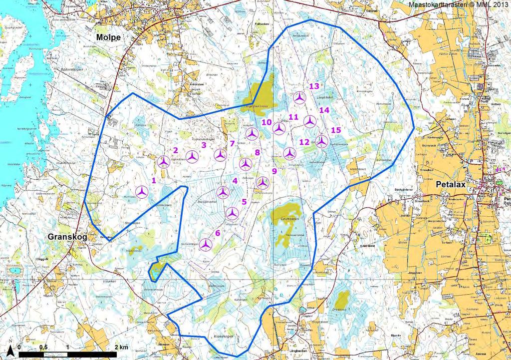 FCG DESIGN OCH PLANERING AB MILJÖKONSEKVENSBESKRIVNING 12 (263) Figur 4.3. Vindkraftparken enligt alternativ 3 med 15 kraftverk.