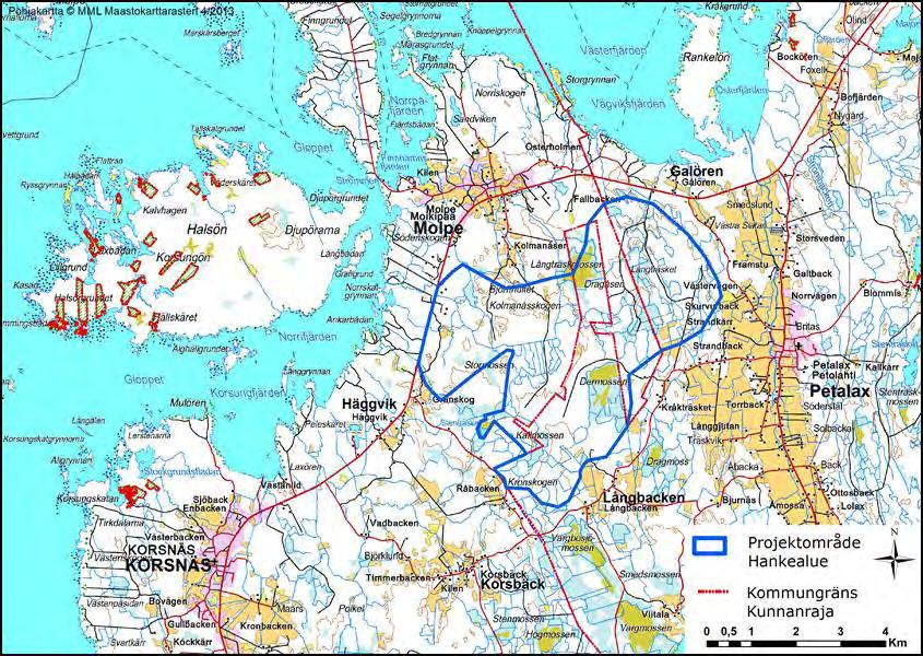 FCG DESIGN OCH PLANERING AB MILJÖKONSEKVENSBESKRIVNING 14 (263) 5.2 Vindkraftverk Figur 5.1. Projektområdet är beläget på Korsnäs och Malax kommuners områden.
