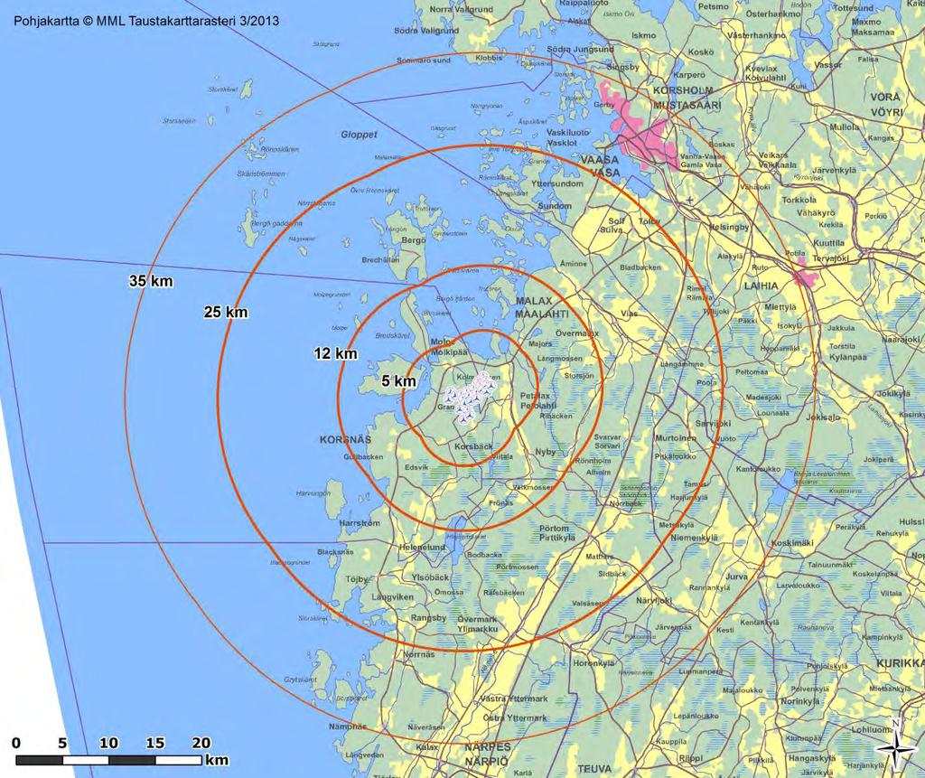 FCG DESIGN OCH PLANERING AB MILJÖKONSEKVENSBESKRIVNING 30 (263) Enligt miljöministeriets handbok (2006) konstateras, att vid klar och torr väderlek kan man på en radie om 5 10 km urskilja rotorbladen