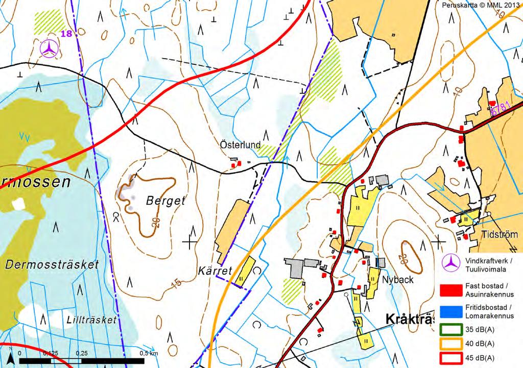 FCG DESIGN OCH PLANERING AB MILJÖKONSEKVENSBESKRIVNING 36 (263) Figur 8.2. Det finns en fast bostad inom bullerzonen 40 db(a). Bostaden är belägen sydost om projektområdet.