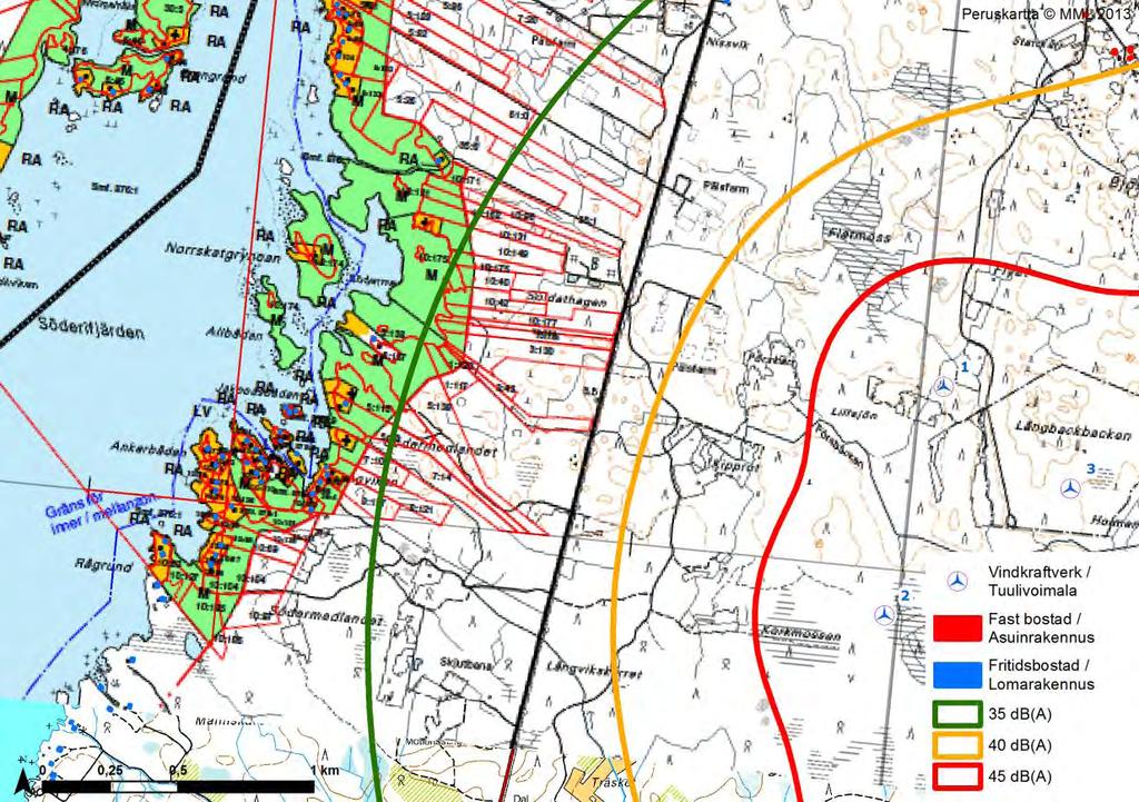 FCG DESIGN OCH PLANERING AB MILJÖKONSEKVENSBESKRIVNING 43 (263) Figur 8.8. Bullermodellering för alternativ 2 i förhållande till Korsnäs strandgeneralplan. I Tabell 8.