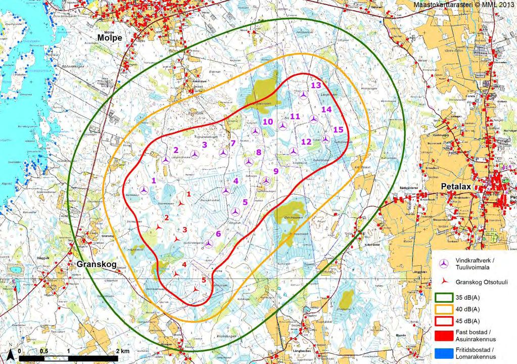 FCG DESIGN OCH PLANERING AB MILJÖKONSEKVENSBESKRIVNING 45 (263) Figur 8.9. Bullermodellering för Molpe-Petalax alternativ 3.