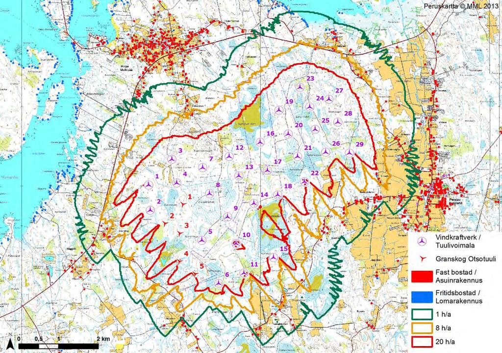 FCG DESIGN OCH PLANERING AB MILJÖKONSEKVENSBESKRIVNING 50 (263) Figur 9.1. Skuggningsmodellering real case enligt alternativ 1, medtaget Otsotuuli Granskog.