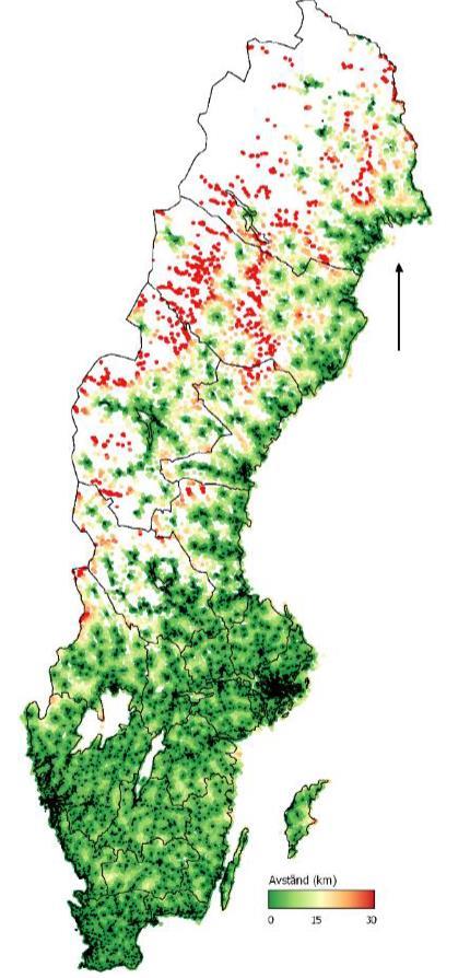 Kartan till vänster visar var det finns respektive saknas fiber på landsbygd (grön markering visar var fiber finns; röd markering visar var fiber saknas).