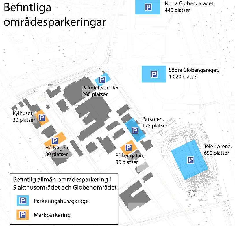 Figur 2: Befintliga allmänna områdesparkeringar inom Slakthus- och Globenområdet. Tabell 1: Parkeringsanläggningar med allmänt tillgängliga platser i och i anslutning till Slakthusområdet.
