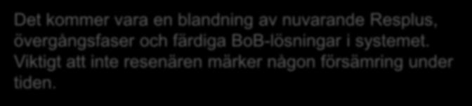 Resplus med alla Operatör 2019 2020 2021 Operatör 1 BoB lösning BoB lösning BoB lösning Operatör 2 Övergång BoB lösning BoB lösning Operatör 3 Nuvarande Nuvarande Nuvarande Operatör 4 Övergång BoB