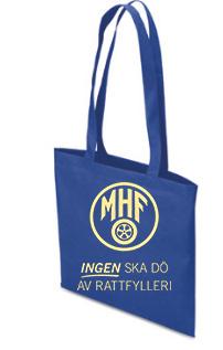 Pappkasse för användning på mässor, utställningar och andra aktiviteter. Blå med gult tryck.