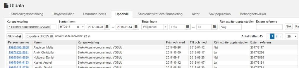 Utdata: Uppehåll (forts.) Visning av resultatet: Personnummer Namn Kurspaketering Från och med Till och med Rätt att återuppta studier Extern referens Sorteringsordning: Kurspaketering.