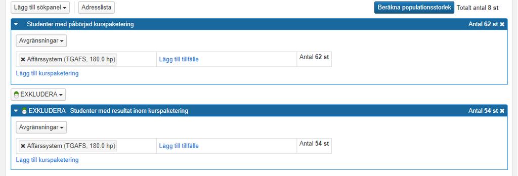 Lägg still sökpanel: Studenter med resultat på kurs 2. Välj Alla kurser 3. Välj Avgränsa på utbildningstyp och/eller organisation, och sök fram institutionerna och utbildningstypen det gäller 4.