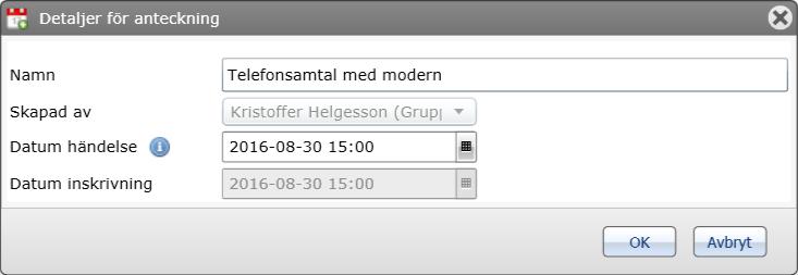 (6). Se över journalanteckningens titel.. Ställ in datum för händelsen.. Klicka på OK... Stavningskontroll För att utföra en stavningskontroll gör enligt följande:.