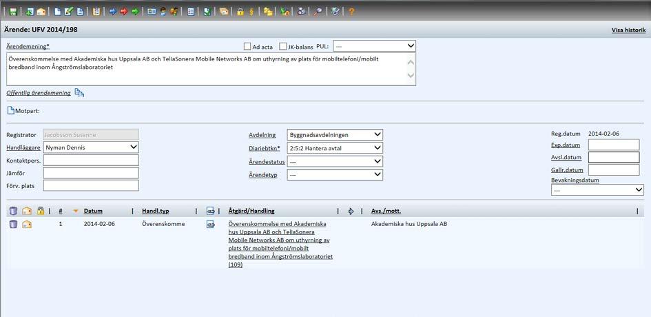 Sida 17 25 Fält på ärendekortet Informationsfönstret nedanför funktionslisten är uppdelad i tre huvudavdelningar: Den övre delen med Ärendemening, Ad acta och JK-balansmarkering samt eventuell